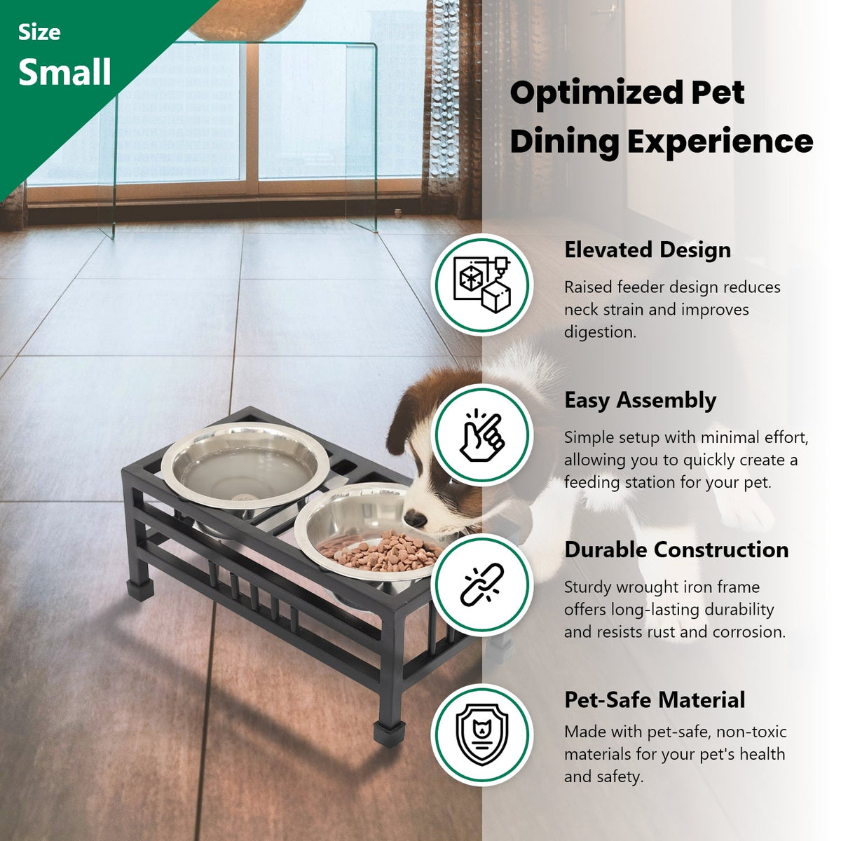 Elevated Rectangular Pet Double Diner with Stainless Steel Bowls for Dogs and Cats