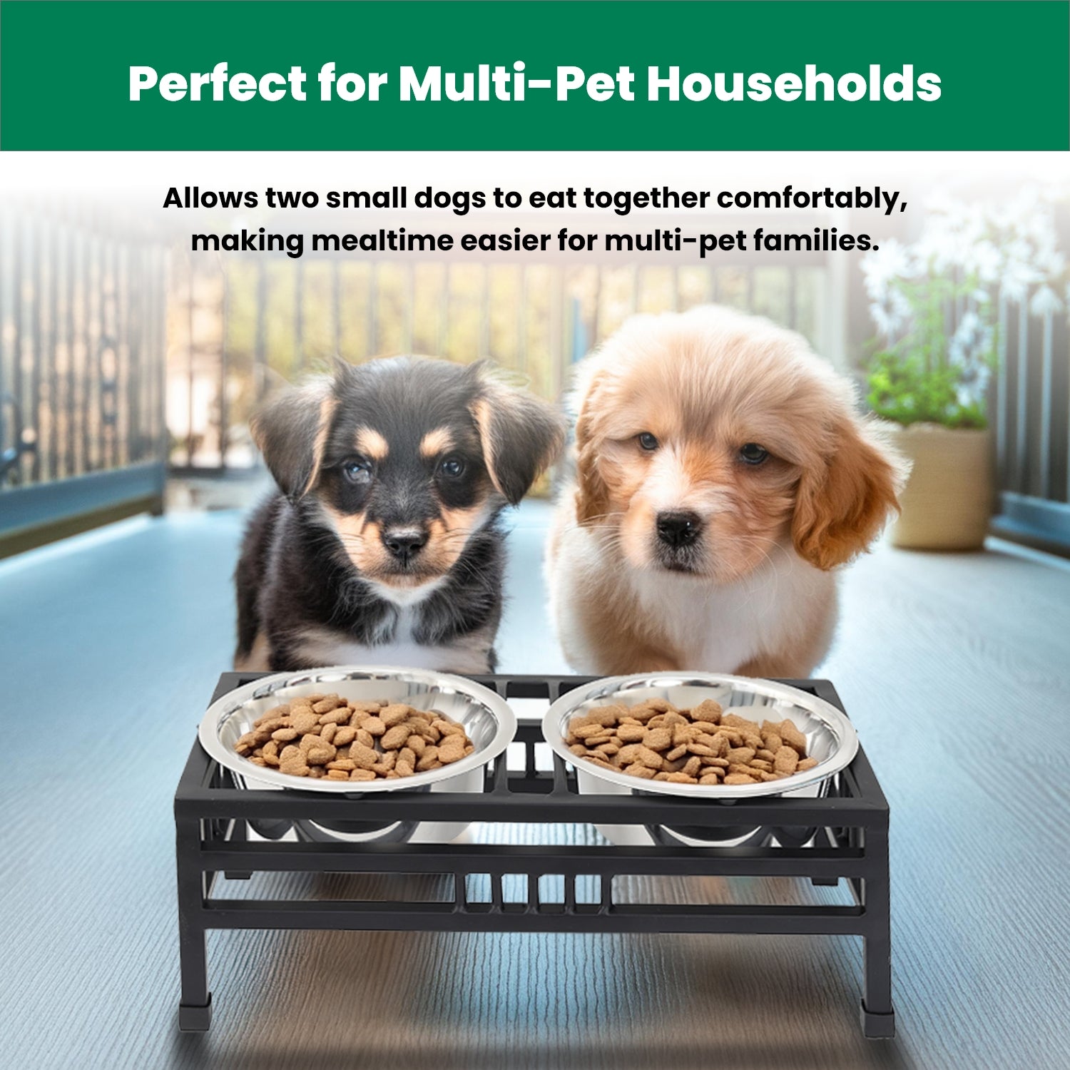 Elevated Rectangular Pet Double Diner with Stainless Steel Bowls for Dogs and Cats