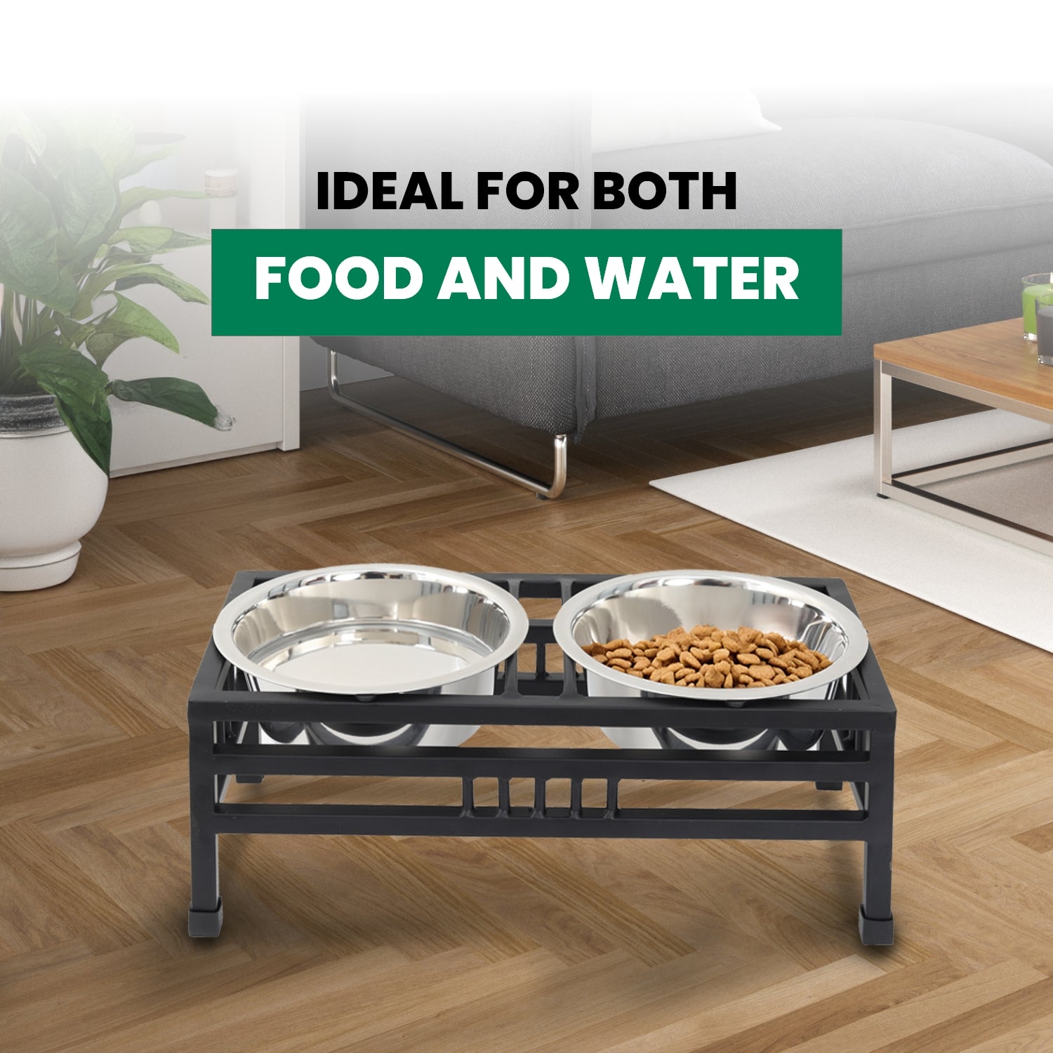 Elevated Rectangular Pet Double Diner with Stainless Steel Bowls for Dogs and Cats