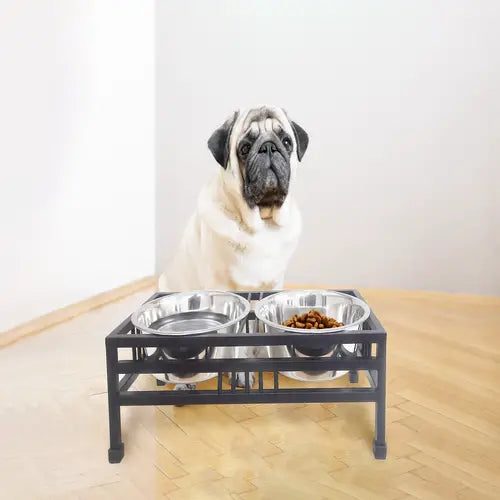 Elevated Rectangular Pet Double Diner with Stainless Steel Bowls for Dogs and Cats