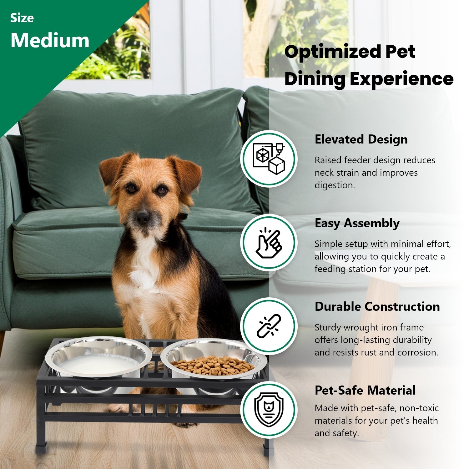 Elevated Rectangular Pet Double Diner with Stainless Steel Bowls for Dogs and Cats