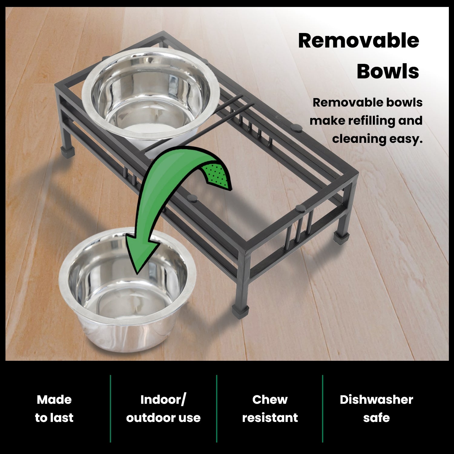 Elevated Rectangular Pet Double Diner with Stainless Steel Bowls for Dogs and Cats