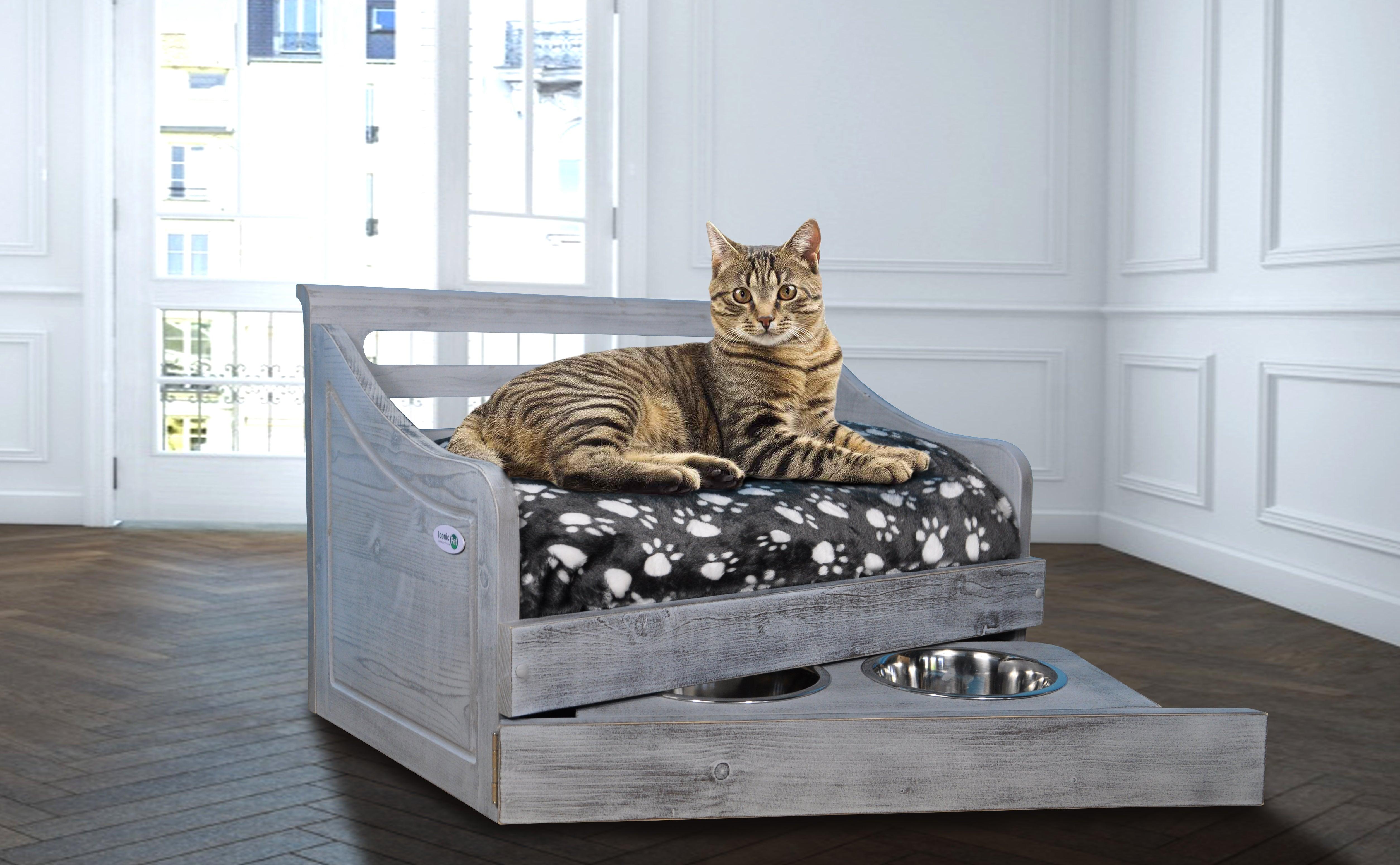 Sassy Paws Multipurpose Wooden Pet Bed with Feeder