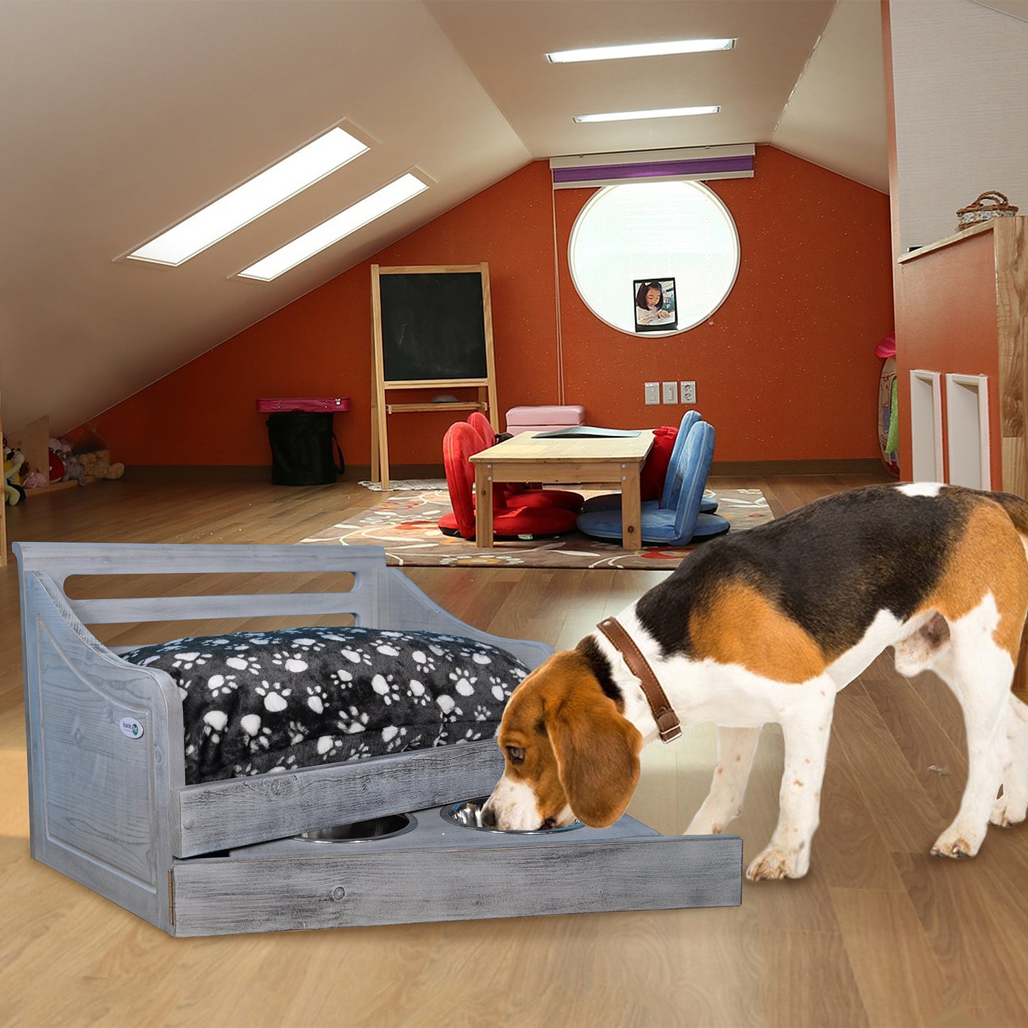 Sassy Paws Multipurpose Wooden Pet Bed with Feeder