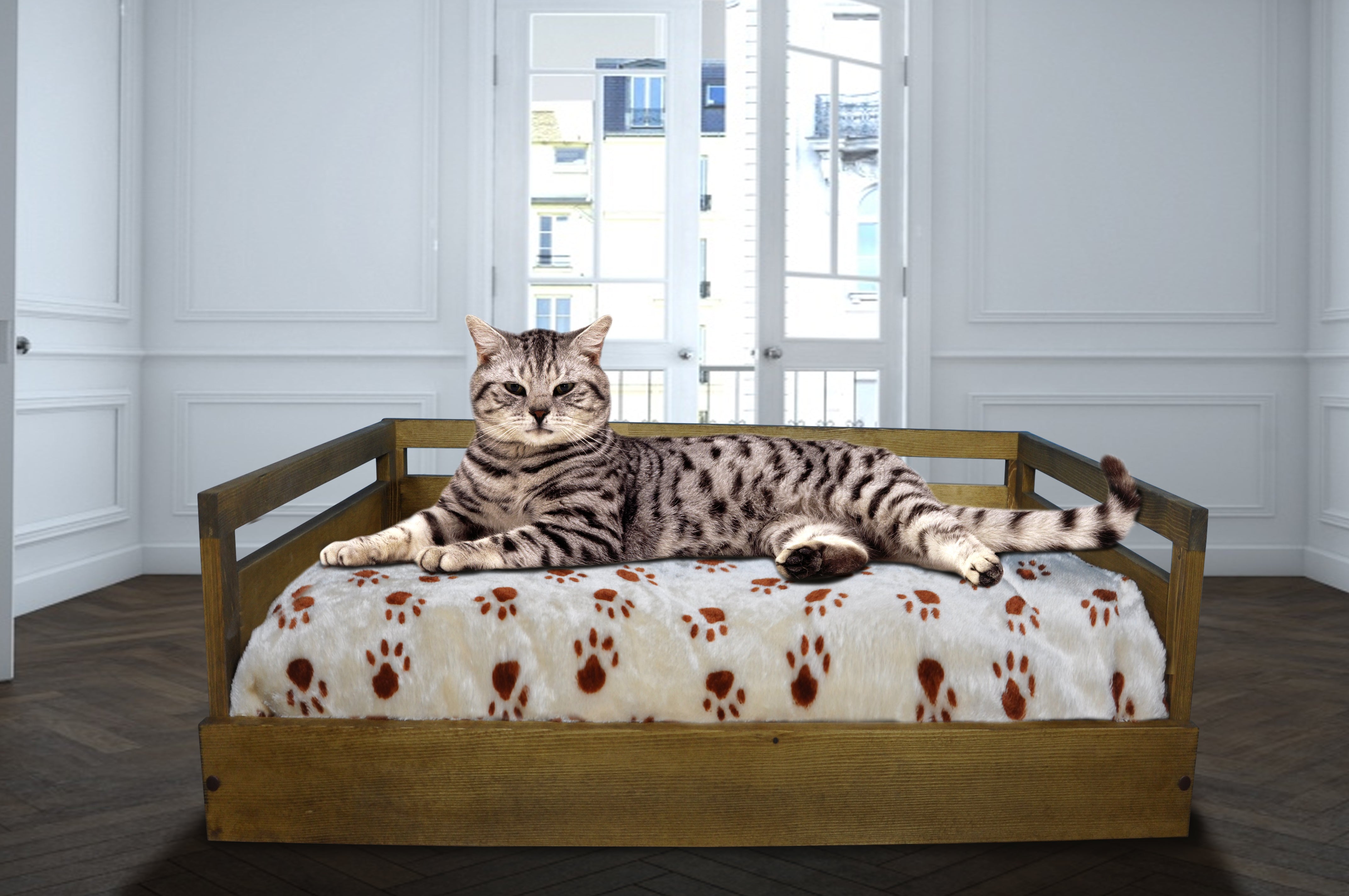 Sassy Paws Wooden Pet Bed with Paw Printed Comfy Cushion