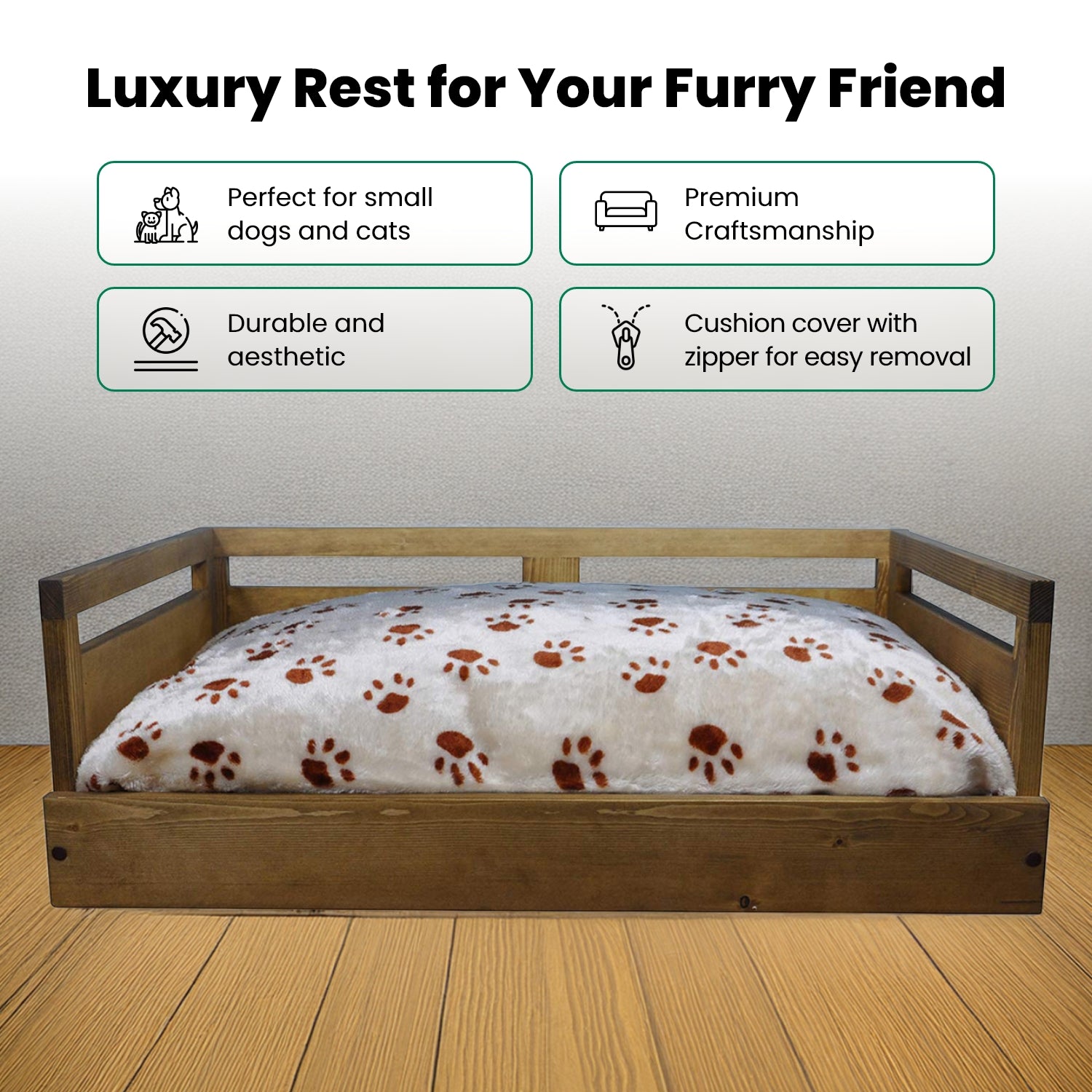 Sassy Paws Wooden Pet Bed with Paw Printed Comfy Cushion