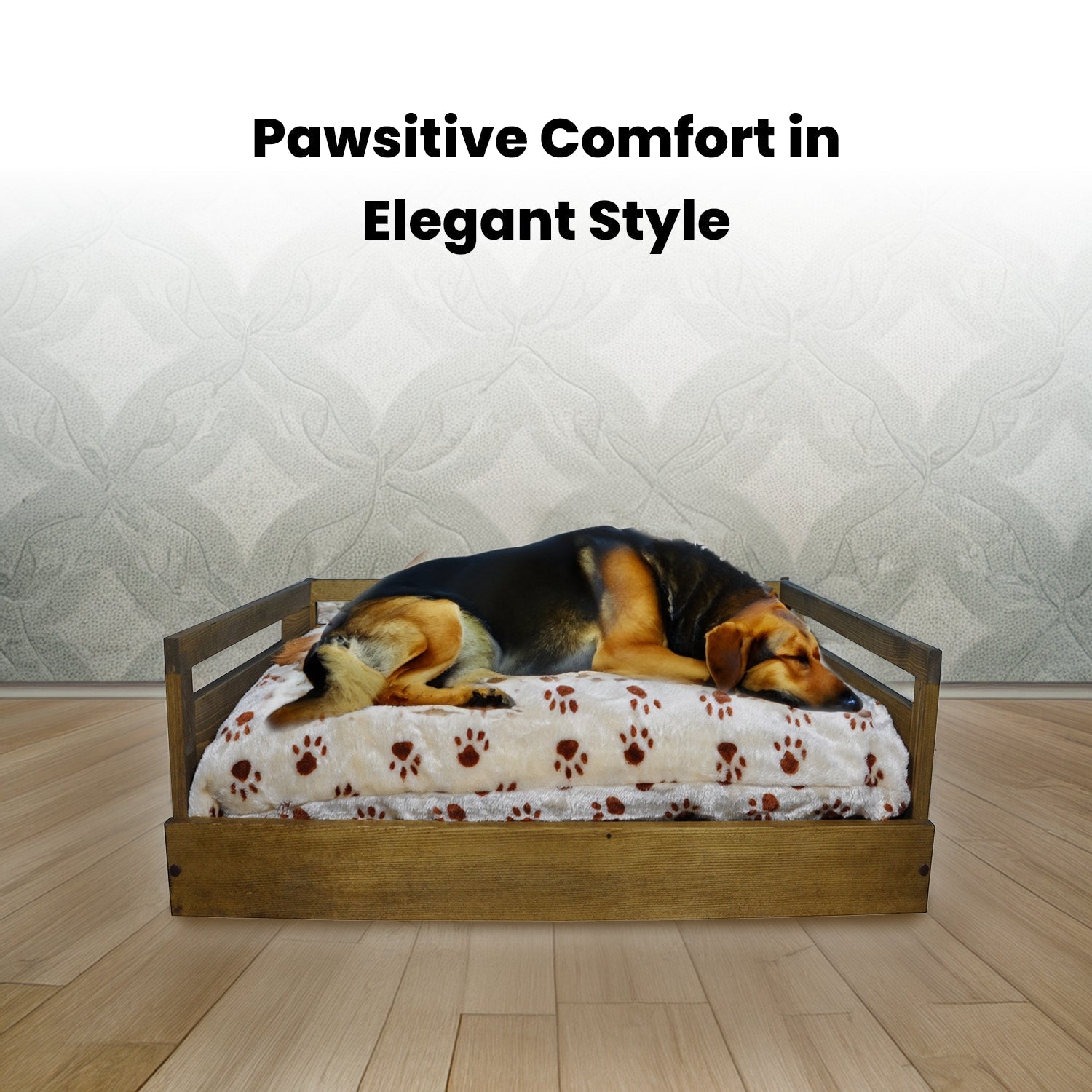 Sassy Paws Wooden Pet Bed with Paw Printed Comfy Cushion