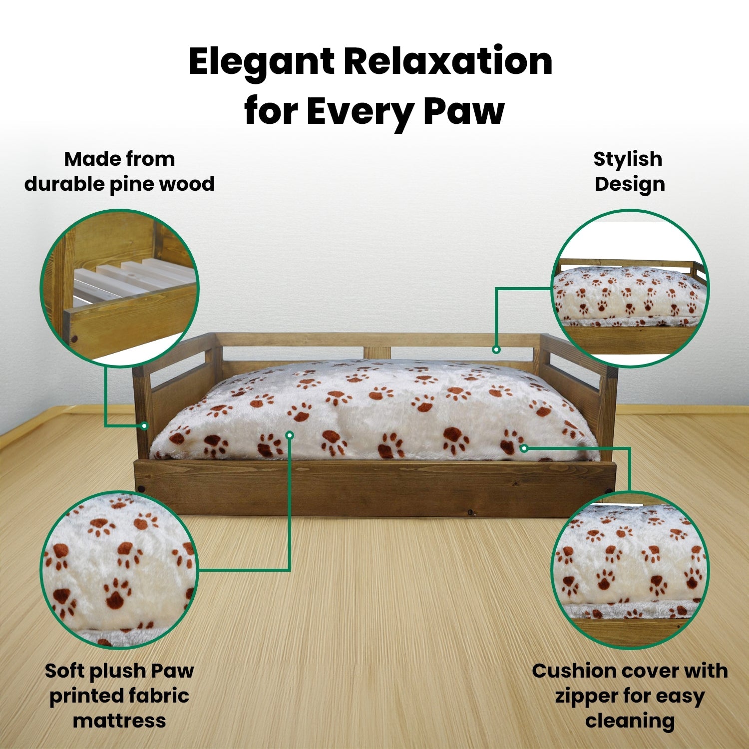 Sassy Paws Wooden Pet Bed with Paw Printed Comfy Cushion