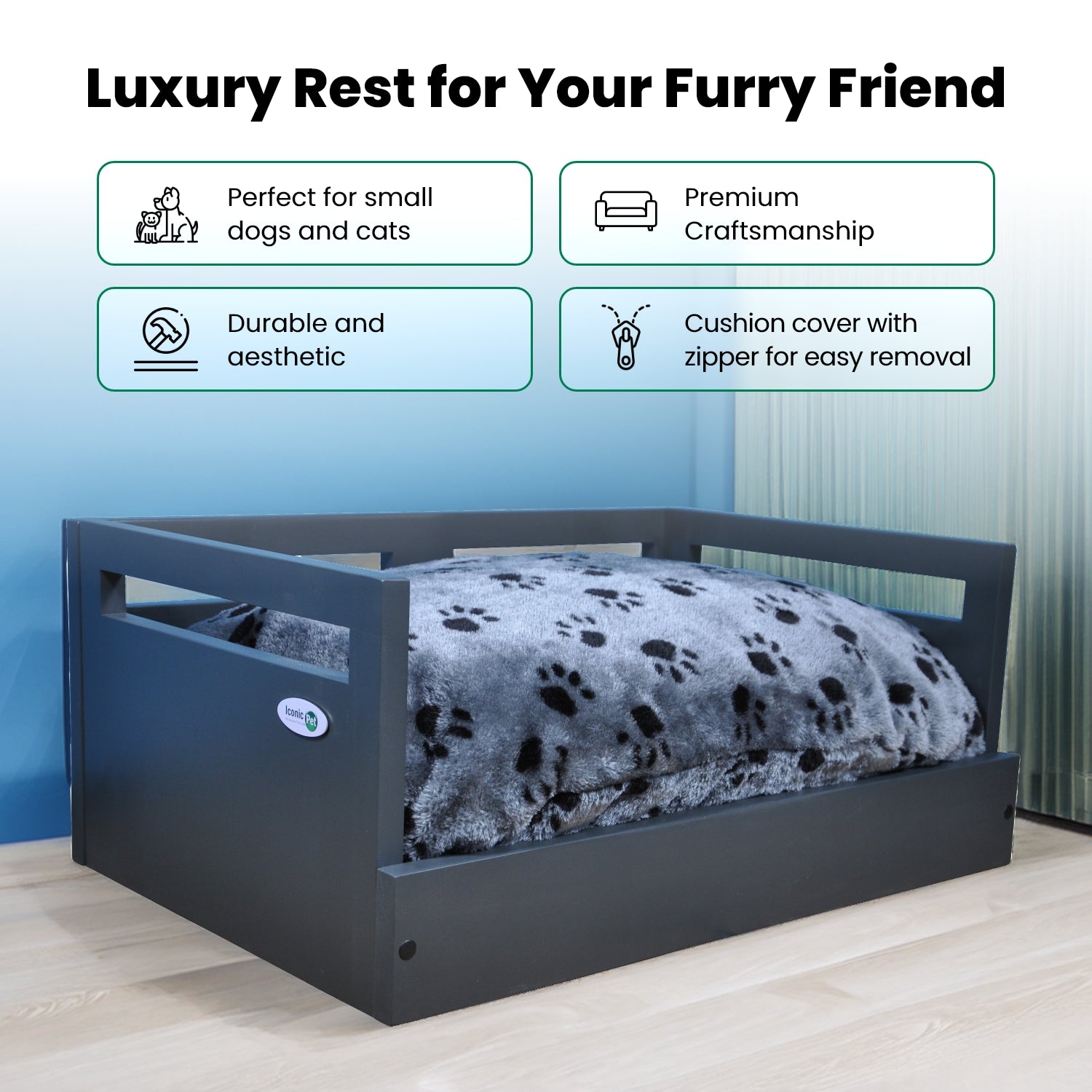 Sassy Paws Wooden Pet Bed with Paw Printed Comfy Cushion