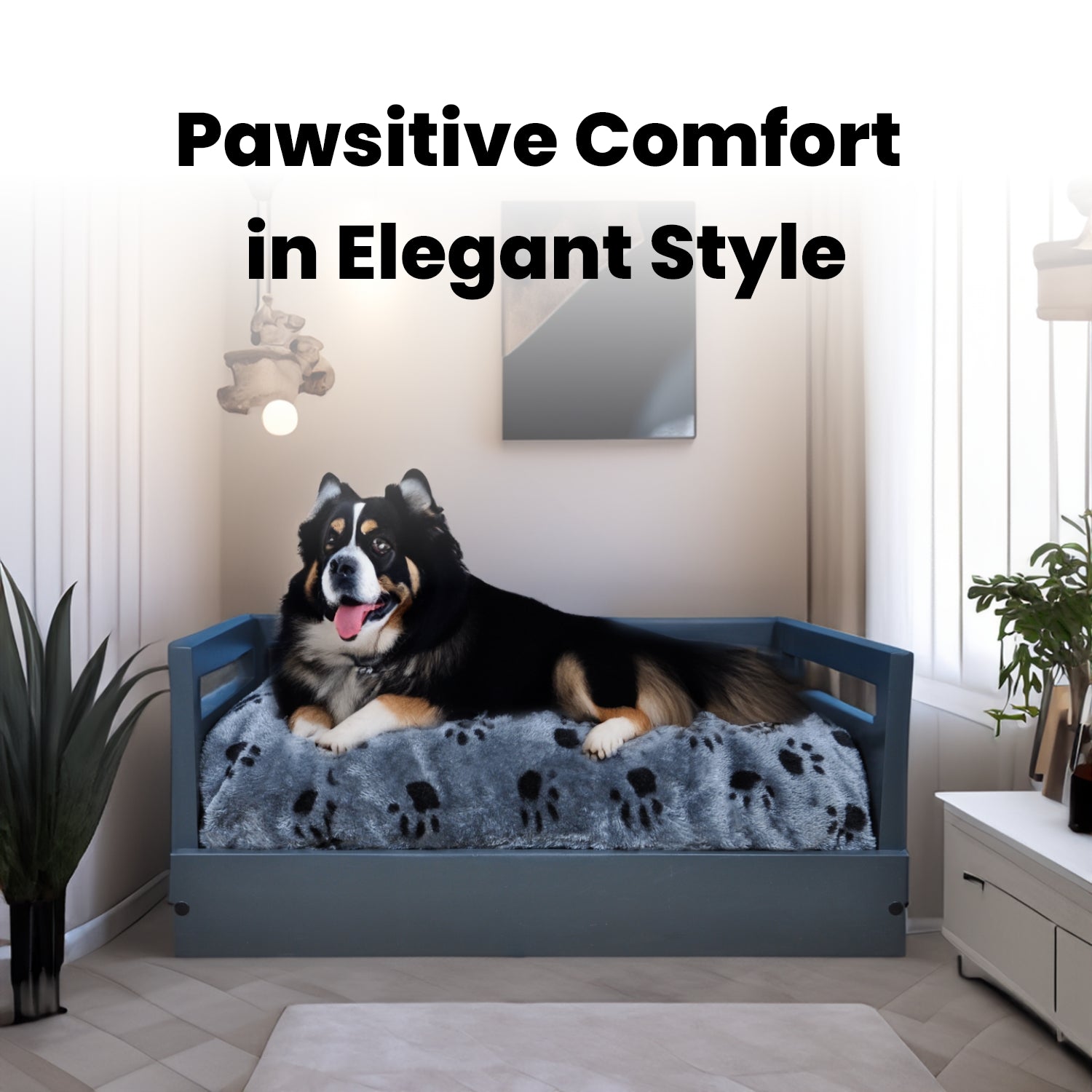 Sassy Paws Wooden Pet Bed with Paw Printed Comfy Cushion