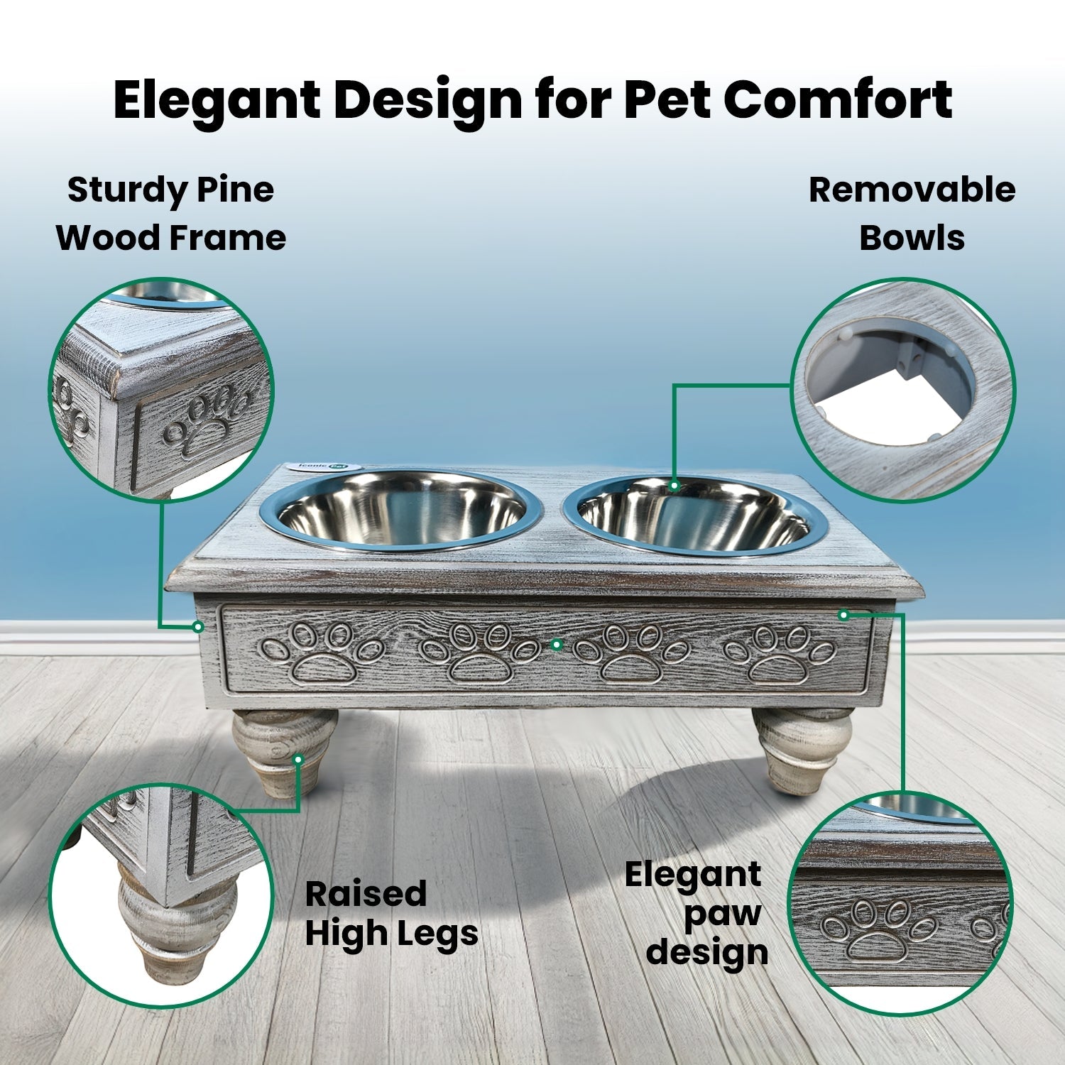 Sassy Paws Raised Wooden Pet Double Diner with Stainless Steel Bowls