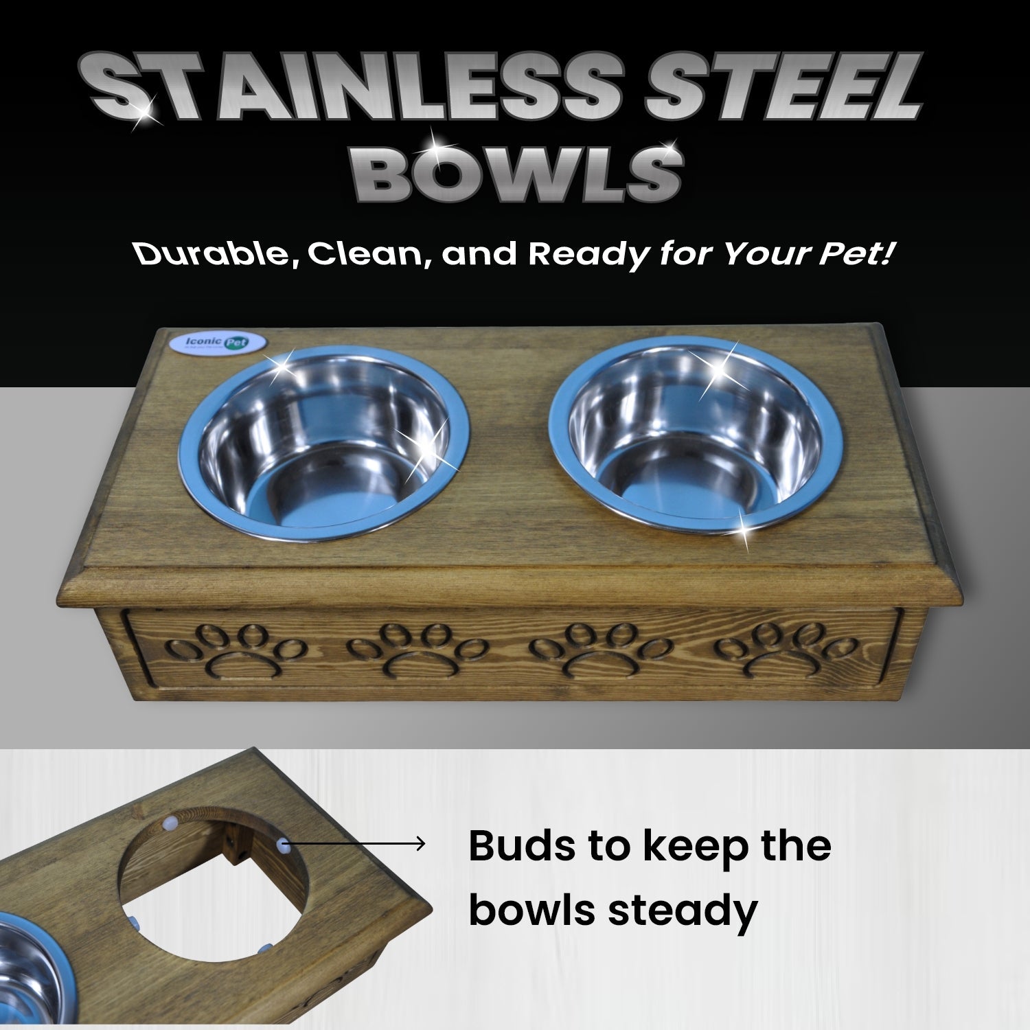 Sassy Paws Wooden Pet Double Diner with Stainless Steel Bowls