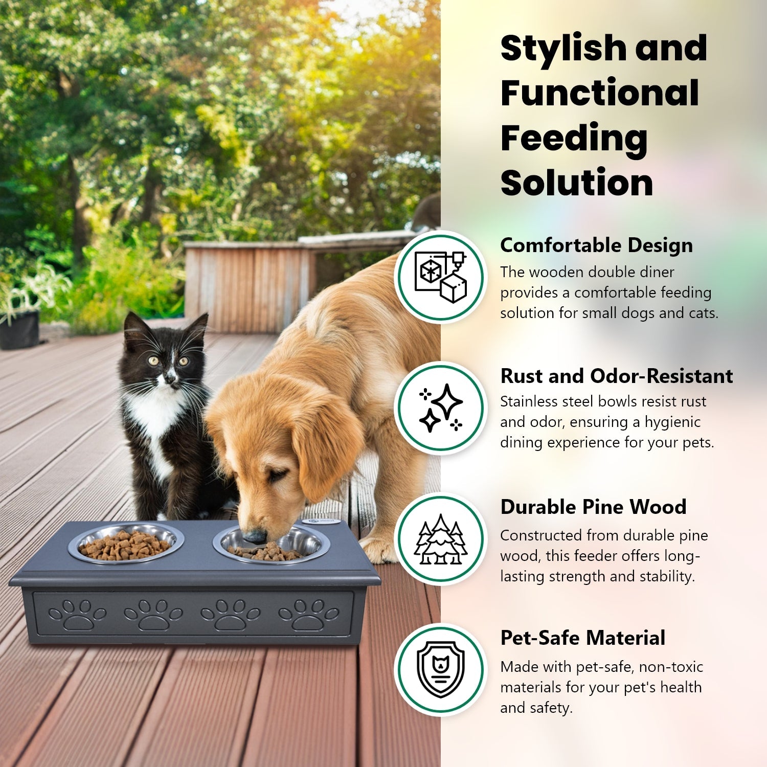 Sassy Paws Wooden Pet Double Diner with Stainless Steel Bowls