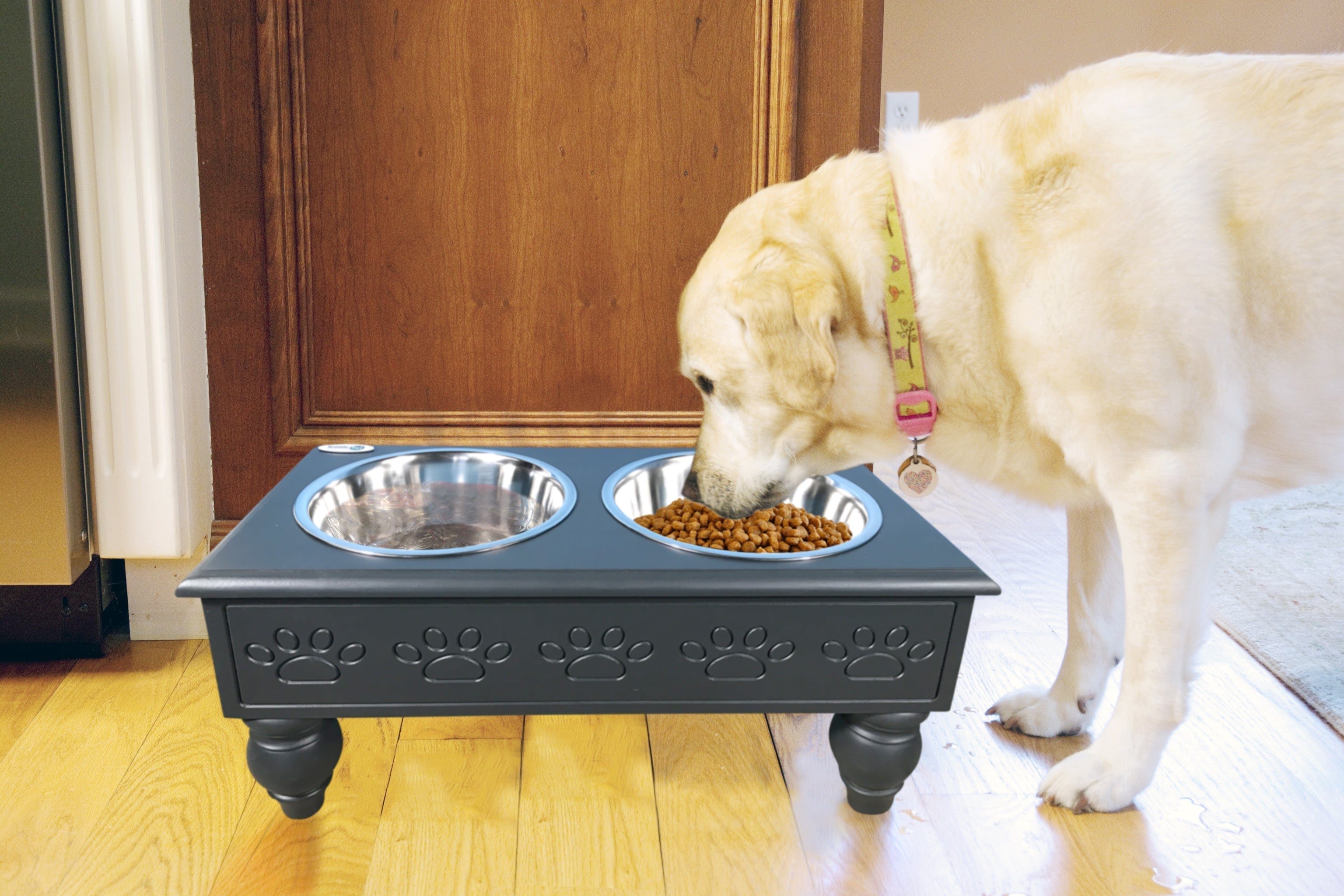 Sassy Paws Raised Wooden Pet Double Diner with Stainless Steel Bowls