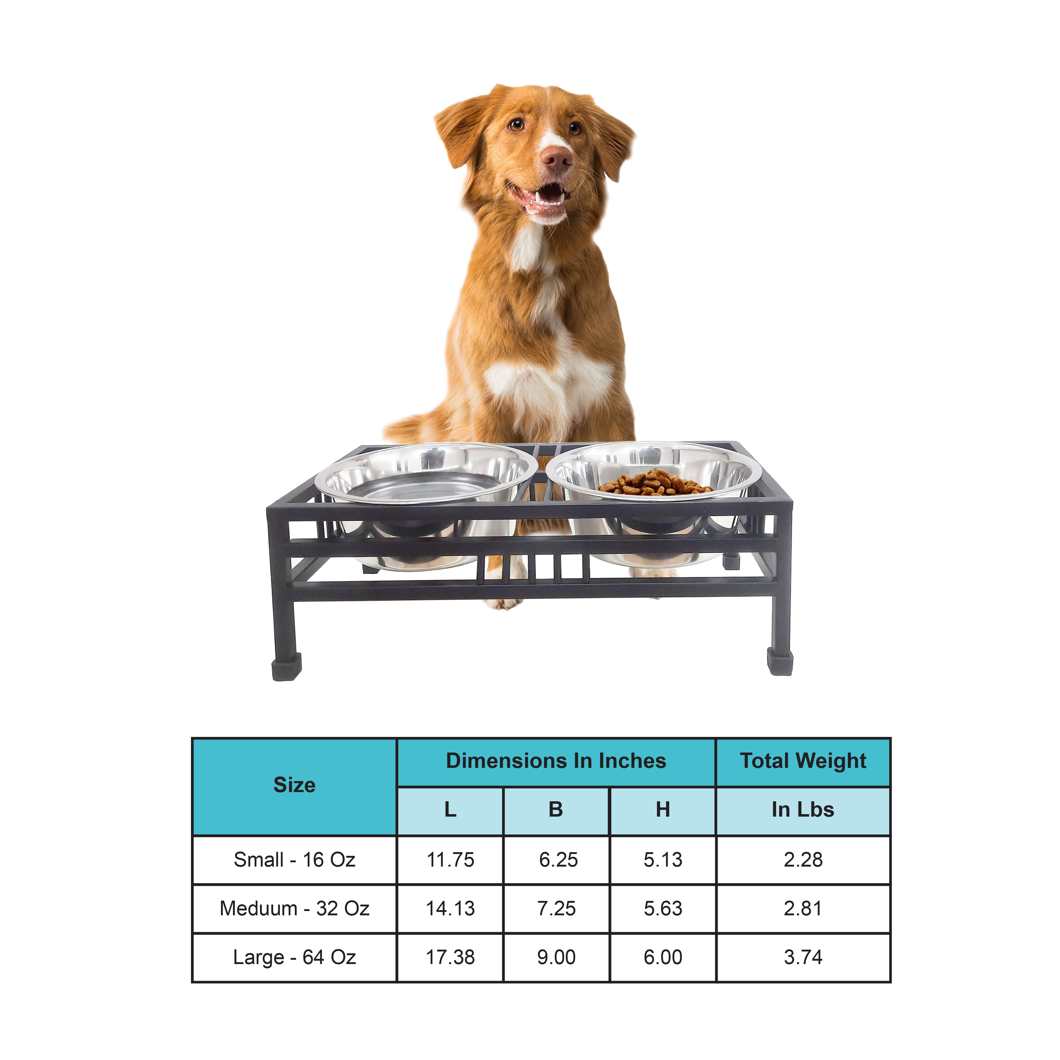 Elevated Rectangular Pet Double Diner with Stainless Steel Bowls for Dogs and Cats