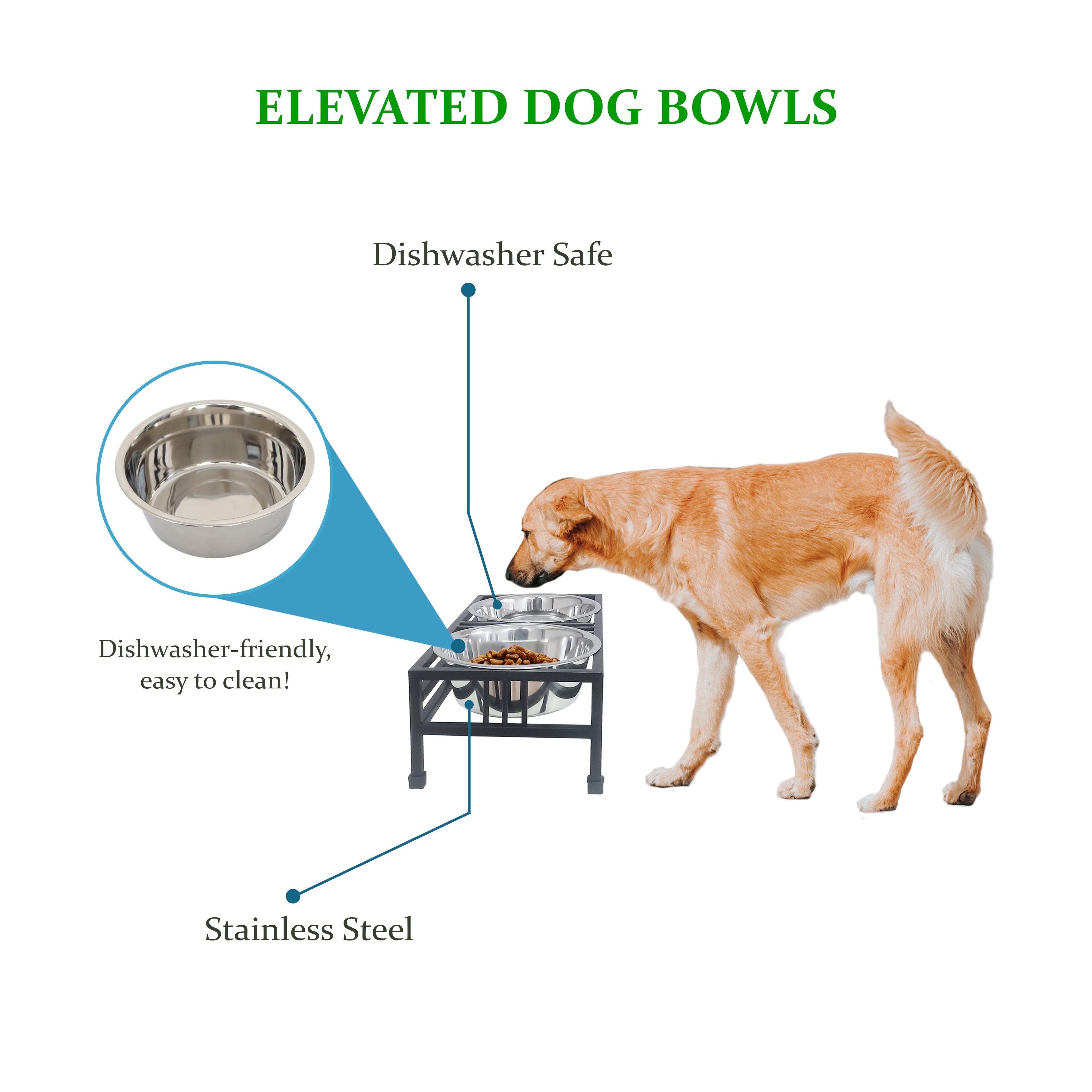 Elevated Rectangular Pet Double Diner with Stainless Steel Bowls for Dogs and Cats