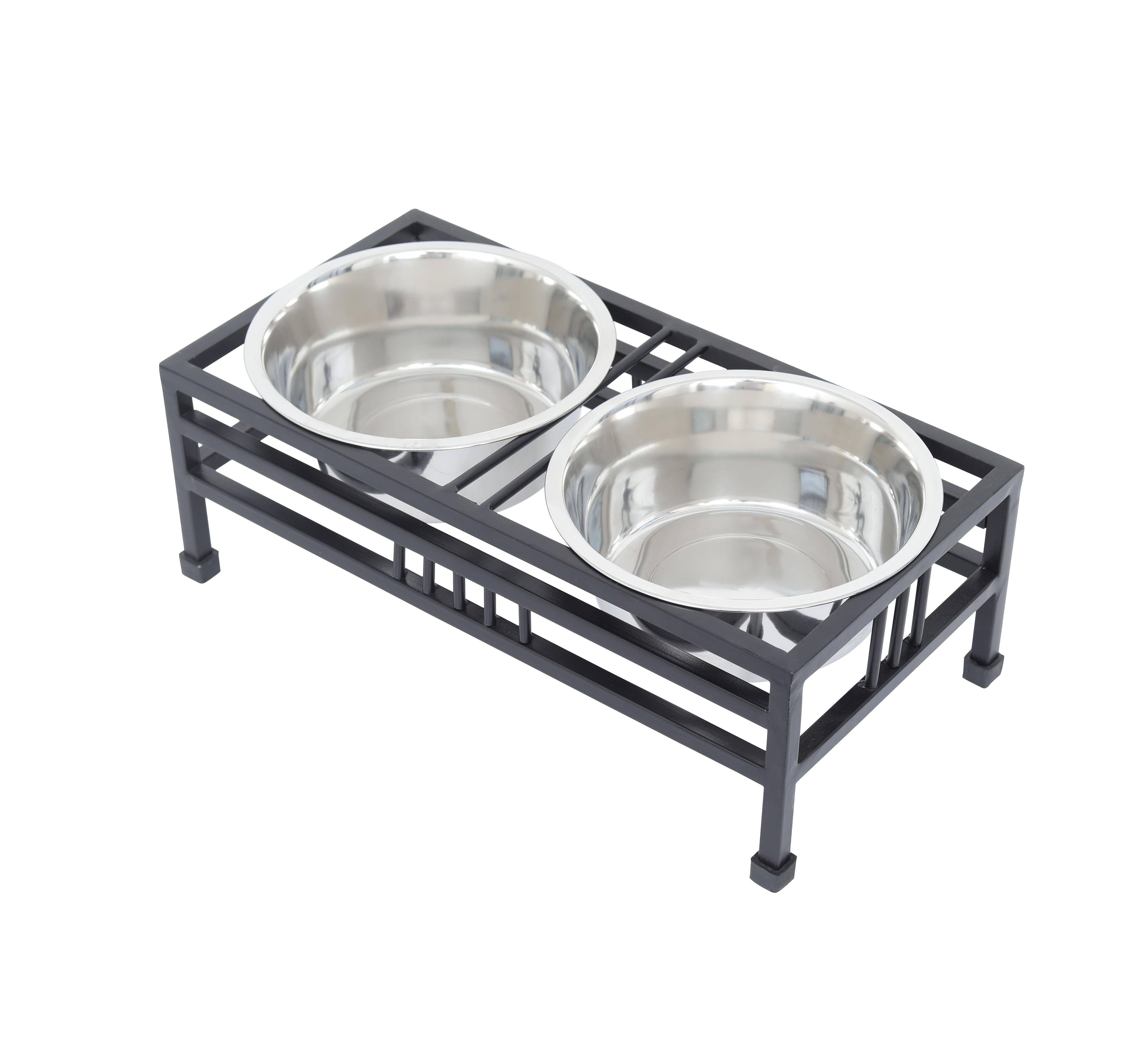 Elevated Rectangular Pet Double Diner with Stainless Steel Bowls for Dogs and Cats